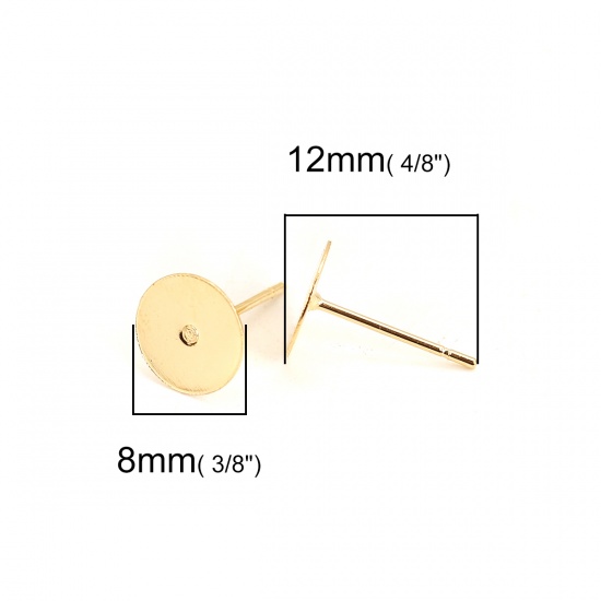 Immagine di 304 Acciaio Inossidabile Orecchini a Perno Tondo Oro Placcato 8mm) 8mm Dia., Posta / Filo Dimensione: (21 misura), 30 Pz