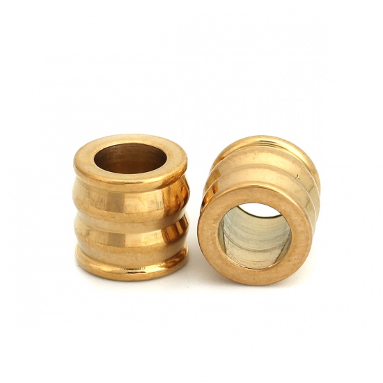 Picture of 304 Stainless Steel Spacer Beads Cylinder Gold Plated Stripe 10mm( 3/8") x 9mm( 3/8"), Hole: Approx 5.9mm, 3 PCs