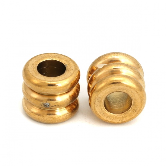 Picture of 304 Stainless Steel Spacer Beads Cylinder Gold Plated Stripe 9mm( 3/8") x 8mm( 3/8"), Hole: Approx 4.2mm, 3 PCs