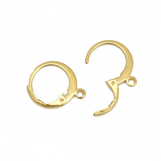 Picture of 304 Stainless Steel Lever Back Clips Earrings Circle Ring Gold Plated W/ Loop 15mm( 5/8") x 12mm( 4/8"), Post/ Wire Size: (19 gauge), 10 PCs