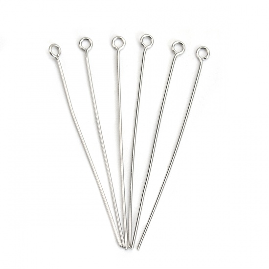 Picture of 304 Stainless Steel Eye Pins Silver Tone 5cm(2") long, 0.7mm (21 gauge), 100 PCs