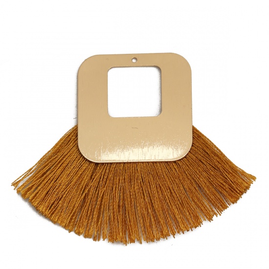 Picture of Polyester Tassel Pendants Square Gold Plated Ginger 7cm x5cm(2 6/8" x2") - 6.5cm x5cm(2 4/8" x2"), 3 PCs