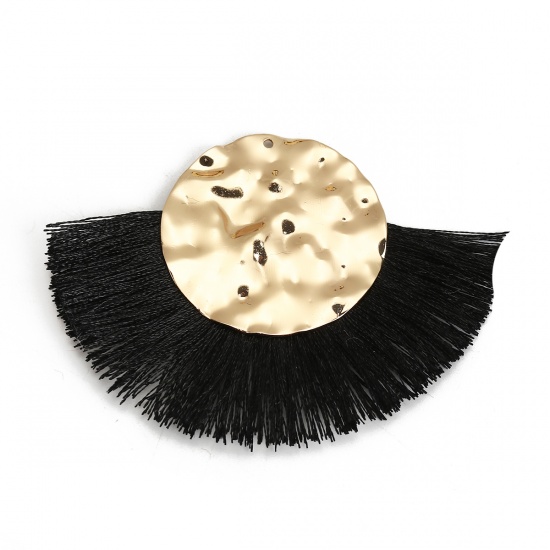 Picture of Polyester Tassel Pendants Round Gold Plated Black 73mm(2 7/8") x 52mm(2"), 3 PCs