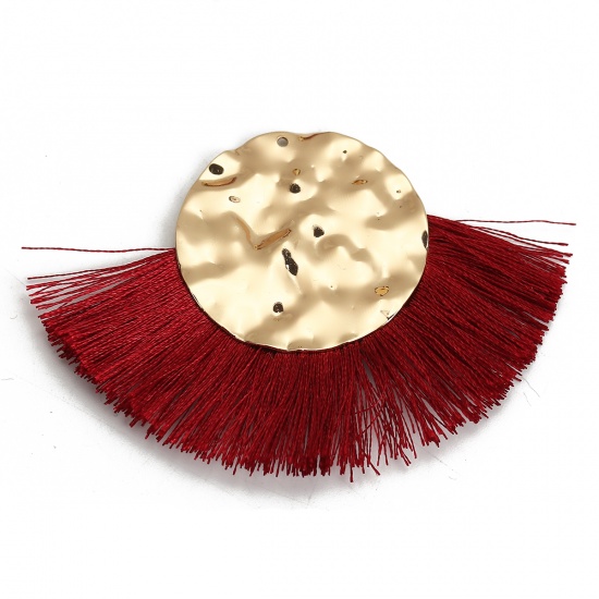 Picture of Polyester Tassel Pendants Round Gold Plated Wine Red 73mm(2 7/8") x 52mm(2"), 3 PCs
