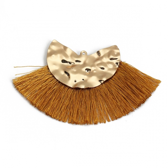 Picture of Polyester Tassel Pendants Fan-shaped Gold Plated Ginger 7.5cm x4.5cm(3" x1 6/8") - 7cm x4.5cm(2 6/8" x1 6/8"), 3 PCs