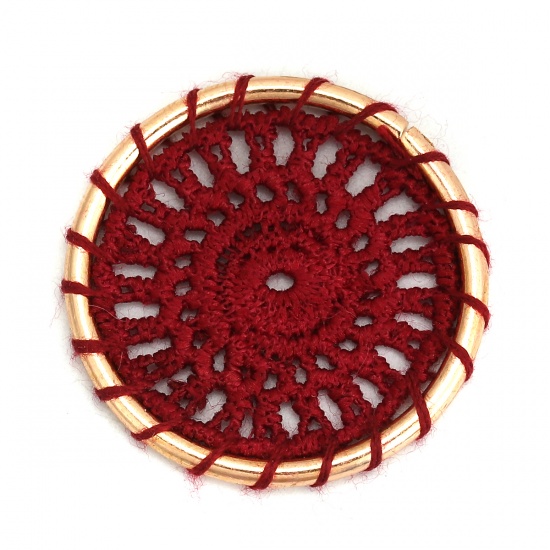 Picture of Polyester Connectors Round Gold Plated Wine Red Woven 30mm Dia, 5 PCs