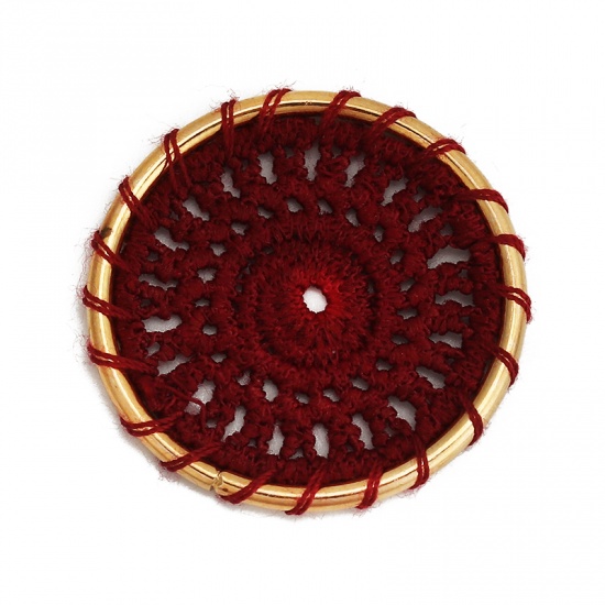 Picture of Polyester Connectors Round Gold Plated Wine Red Woven 3.3cm Dia, 5 PCs