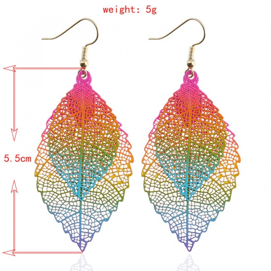 Picture of Stainless Steel Earrings Multicolor Leaf Color Plated 7cm(2 6/8") long, 1 Pair