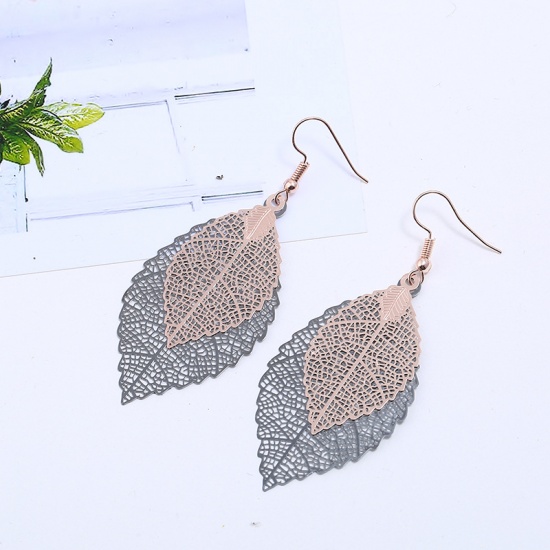 Picture of Stainless Steel Earrings Golden Gray Leaf Color Plated 7cm(2 6/8") long, 1 Pair