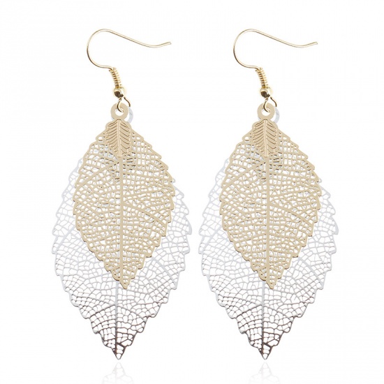Picture of Stainless Steel Earrings Golden Silver Leaf Color Plated 7cm(2 6/8") long, 1 Pair
