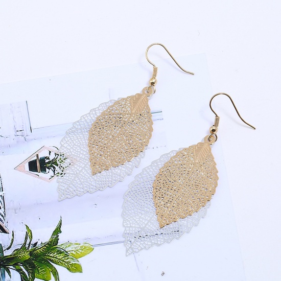 Picture of Stainless Steel Earrings Golden Silver Leaf Color Plated 7cm(2 6/8") long, 1 Pair