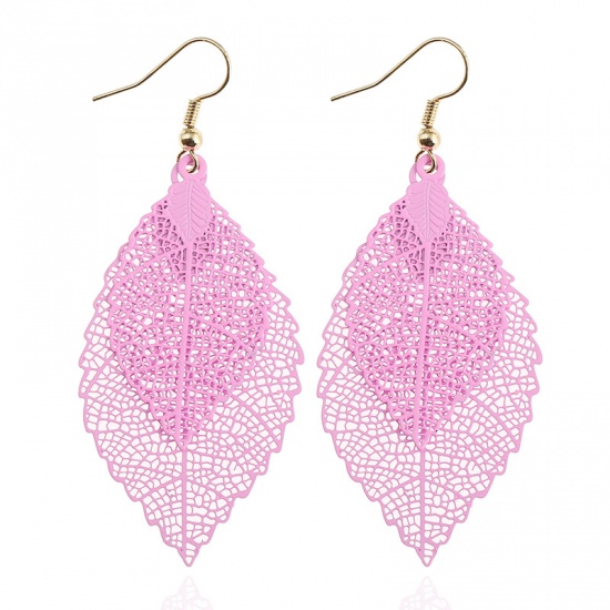 Picture of Stainless Steel Earrings Pink Leaf Color Plated 7cm(2 6/8") long, 1 Pair