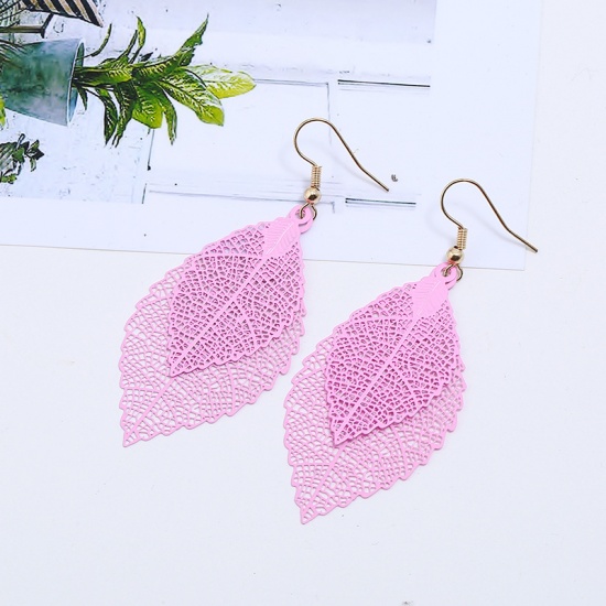 Picture of Stainless Steel Earrings Pink Leaf Color Plated 7cm(2 6/8") long, 1 Pair