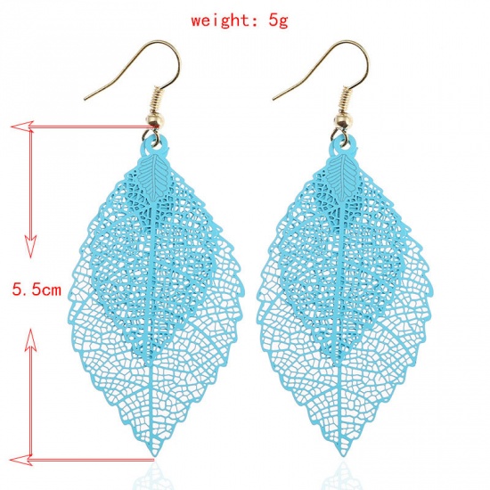 Picture of Stainless Steel Earrings Blue Leaf Color Plated 7cm(2 6/8") long, 1 Pair