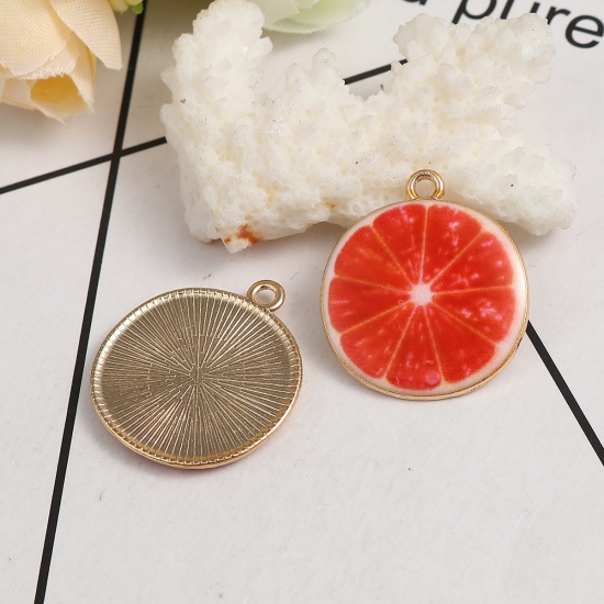 Picture of Zinc Based Alloy Charms Grapefruit Fruit Gold Plated Red Enamel 26mm(1") x 23mm( 7/8"), 10 PCs
