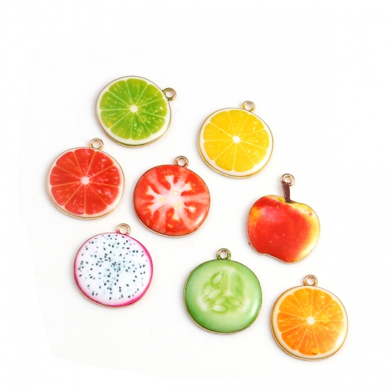 Picture of Zinc Based Alloy Charms Grapefruit Fruit Gold Plated Red Enamel 26mm(1") x 23mm( 7/8"), 10 PCs
