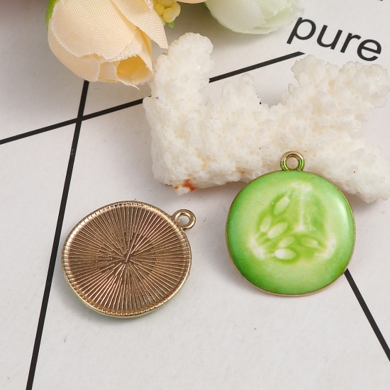 Picture of Zinc Based Alloy Charms Cucumber Gold Plated Green Enamel 26mm(1") x 23mm( 7/8"), 10 PCs