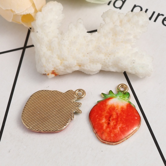 Picture of Zinc Based Alloy Charms Strawberry Fruit Gold Plated Red Enamel 26mm(1") x 19mm( 6/8"), 10 PCs