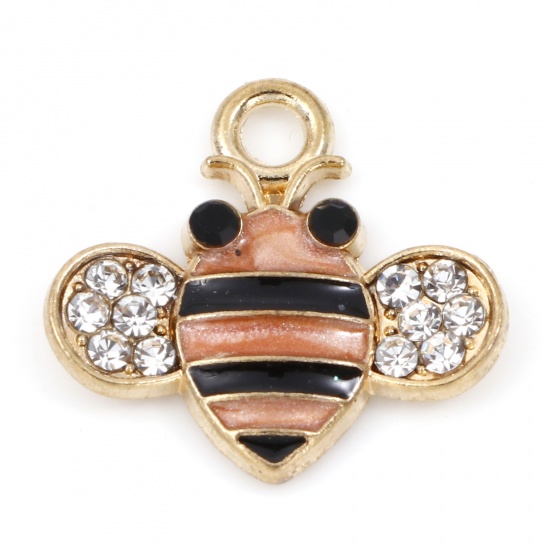 Picture of Zinc Based Alloy Charms Bee Animal Gold Plated Light Brown Clear Rhinestone Enamel 18mm( 6/8") x 17mm( 5/8"), 10 PCs