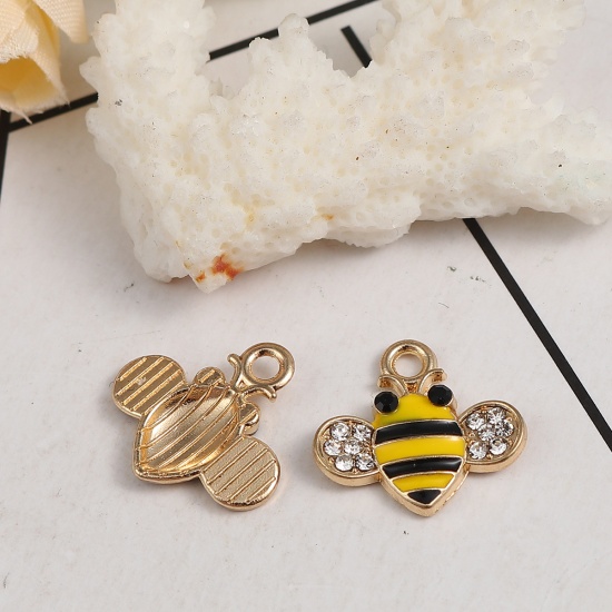 Picture of Zinc Based Alloy Charms Bee Animal Gold Plated Yellow Clear Rhinestone Enamel 18mm( 6/8") x 17mm( 5/8"), 10 PCs