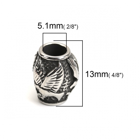 Picture of 304 Stainless Steel Spacer Beads Drum Antique Silver Color Eagle 13mm( 4/8") x 11mm( 3/8"), Hole: Approx 5.1mm, 1 Piece
