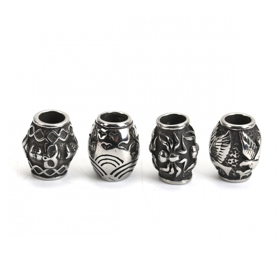 Picture of 304 Stainless Steel Spacer Beads Drum Antique Silver Color Eagle 13mm( 4/8") x 11mm( 3/8"), Hole: Approx 5.1mm, 1 Piece