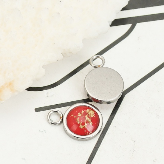 Bild von 304 Edelstahl & Opal ( Synthetisch ) Monatsstein Charms Rund Silberfarbe Rot Oktober 14mm x 10mm, 10 Stück