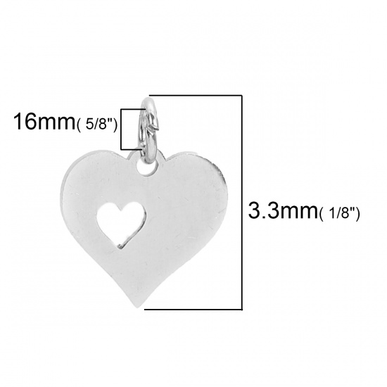 304 ステンレス鋼 チャーム ハート シルバートーン カン付 16mm x 13mm、 6 個” の画像
