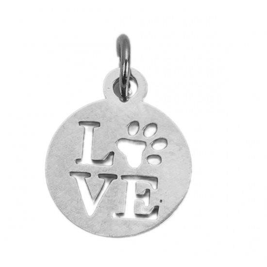 Immagine di 304 Acciaio Inossidabile Charms Tondo Tono Argento Messaggio " LOVE " Con Anello 17mm x 12mm, 6 Pz”