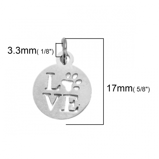 Immagine di 304 Acciaio Inossidabile Charms Tondo Tono Argento Messaggio " LOVE " Con Anello 17mm x 12mm, 6 Pz”