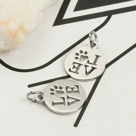 Immagine di 304 Acciaio Inossidabile Charms Tondo Tono Argento Messaggio " LOVE " Con Anello 17mm x 12mm, 6 Pz”