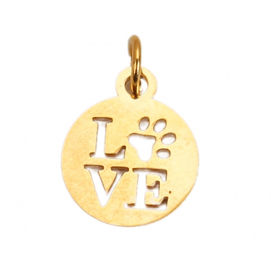 Picture of 304 Stainless Steel Charms Round Gold Plated Message " LOVE " W/ Jump Ring 17mm( 5/8") x 12mm( 4/8"), 3 PCs”
