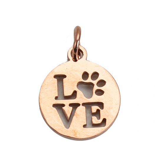Immagine di 304 Acciaio Inossidabile Charms Tondo Oro di Rosa chiaro Messaggio " LOVE " Con Anello 17mm x 12mm, 3 Pz”