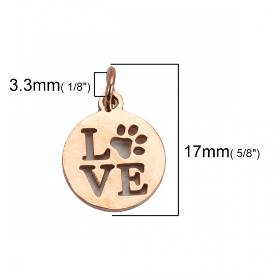 Immagine di 304 Acciaio Inossidabile Charms Tondo Oro di Rosa chiaro Messaggio " LOVE " Con Anello 17mm x 12mm, 3 Pz”