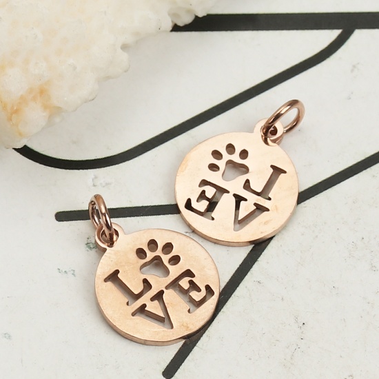 Immagine di 304 Acciaio Inossidabile Charms Tondo Oro di Rosa chiaro Messaggio " LOVE " Con Anello 17mm x 12mm, 3 Pz”