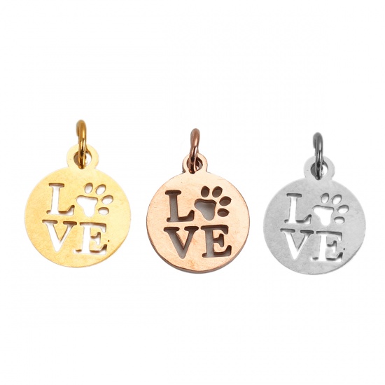 Immagine di 304 Acciaio Inossidabile Charms Tondo Oro di Rosa chiaro Messaggio " LOVE " Con Anello 17mm x 12mm, 3 Pz”