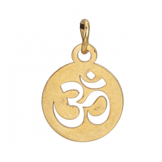 Picture of 304 Stainless Steel Charms Round Gold Plated Yoga OM/ Aum W/ Jump Ring 17mm( 5/8") x 12mm( 4/8"), 3 PCs”