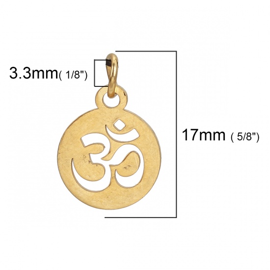 Picture of 304 Stainless Steel Charms Round Gold Plated Yoga OM/ Aum W/ Jump Ring 17mm( 5/8") x 12mm( 4/8"), 3 PCs”