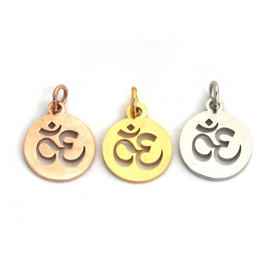 Picture of 304 Stainless Steel Charms Round Gold Plated Yoga OM/ Aum W/ Jump Ring 17mm( 5/8") x 12mm( 4/8"), 3 PCs”