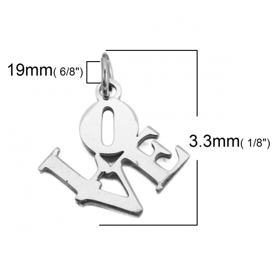 Immagine di 304 Acciaio Inossidabile Charms " Love " Tono Argento Messaggio " LOVE " Con Anello 19mm x 16mm, 6 Pz”