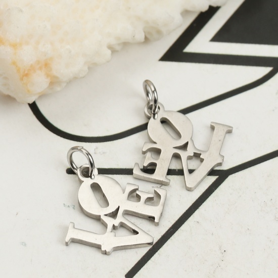 Immagine di 304 Acciaio Inossidabile Charms " Love " Tono Argento Messaggio " LOVE " Con Anello 19mm x 16mm, 6 Pz”