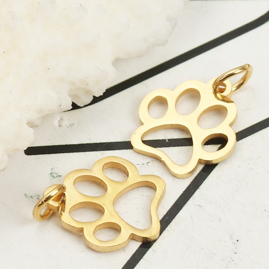 Immagine di 304 Acciaio Inossidabile Charms Zampa del cane Oro Placcato Con Anello 16mm x 12mm, 3 Pz”