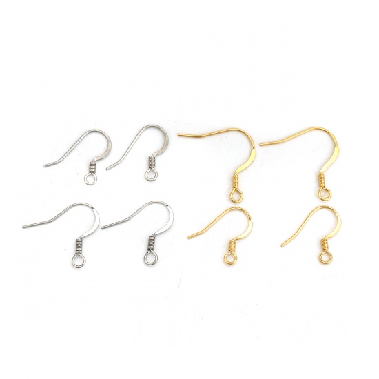 Picture of 316 Stainless Steel Ear Wire Hooks Earring Findings Gold Plated W/ Loop 15mm( 5/8") x 13mm( 4/8"), Post/ Wire Size: (21 gauge), 20 PCs