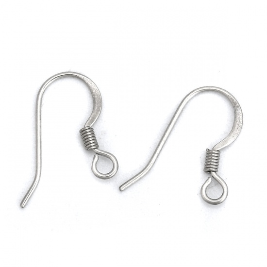 Picture of 316 Stainless Steel Ear Wire Hooks Earring Findings Silver Tone W/ Loop 15mm( 5/8") x 12mm( 4/8"), Post/ Wire Size: (21 gauge), 20 PCs