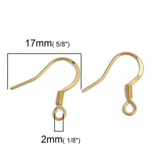Picture of 316 Stainless Steel Ear Wire Hooks Earring Findings Gold Plated W/ Loop 18mm( 6/8") x 17mm( 5/8"), Post/ Wire Size: (21 gauge), 20 PCs