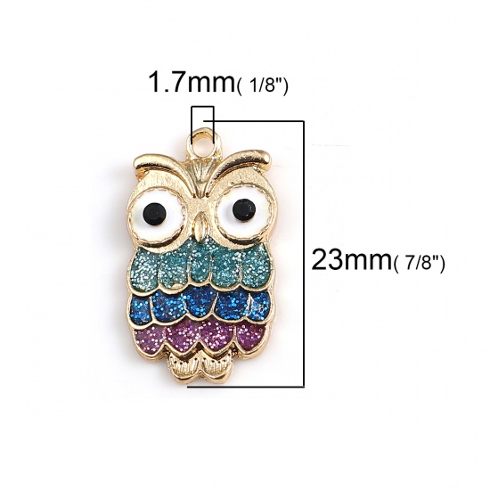 Picture of Zinc Based Alloy Charms Owl Animal Gold Plated Multicolor Black Rhinestone Enamel 23mm( 7/8") x 13mm( 4/8"), 10 PCs
