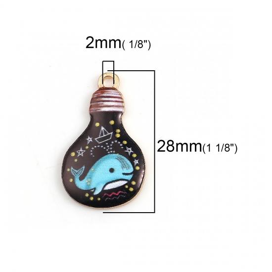 Picture of Zinc Based Alloy Charms Whale Animal Gold Plated Black Light Bulb Enamel 28mm(1 1/8") x 17mm( 5/8"), 10 PCs