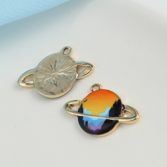 Picture of Zinc Based Alloy Galaxy Charms Planet Gold Plated Multicolor Enamel 24mm(1") x 16mm( 5/8"), 10 PCs