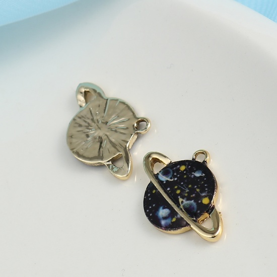 Picture of Zinc Based Alloy Charms Planet Gold Plated Black Enamel 24mm(1") x 16mm( 5/8"), 10 PCs