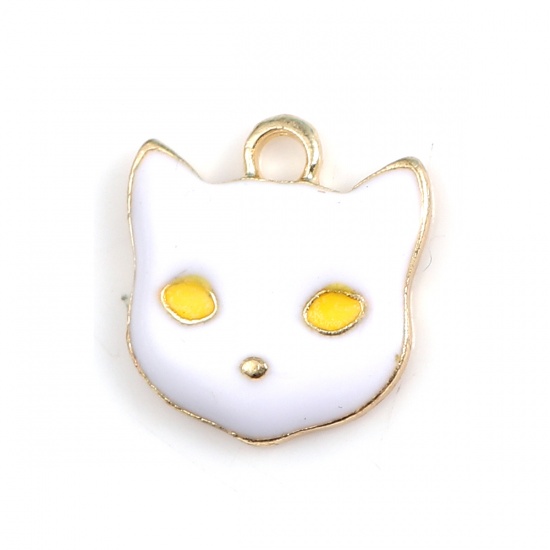 Picture of Zinc Based Alloy Charms Cat Animal Gold Plated White & Yellow Enamel 12mm( 4/8") x 11mm( 3/8"), 20 PCs